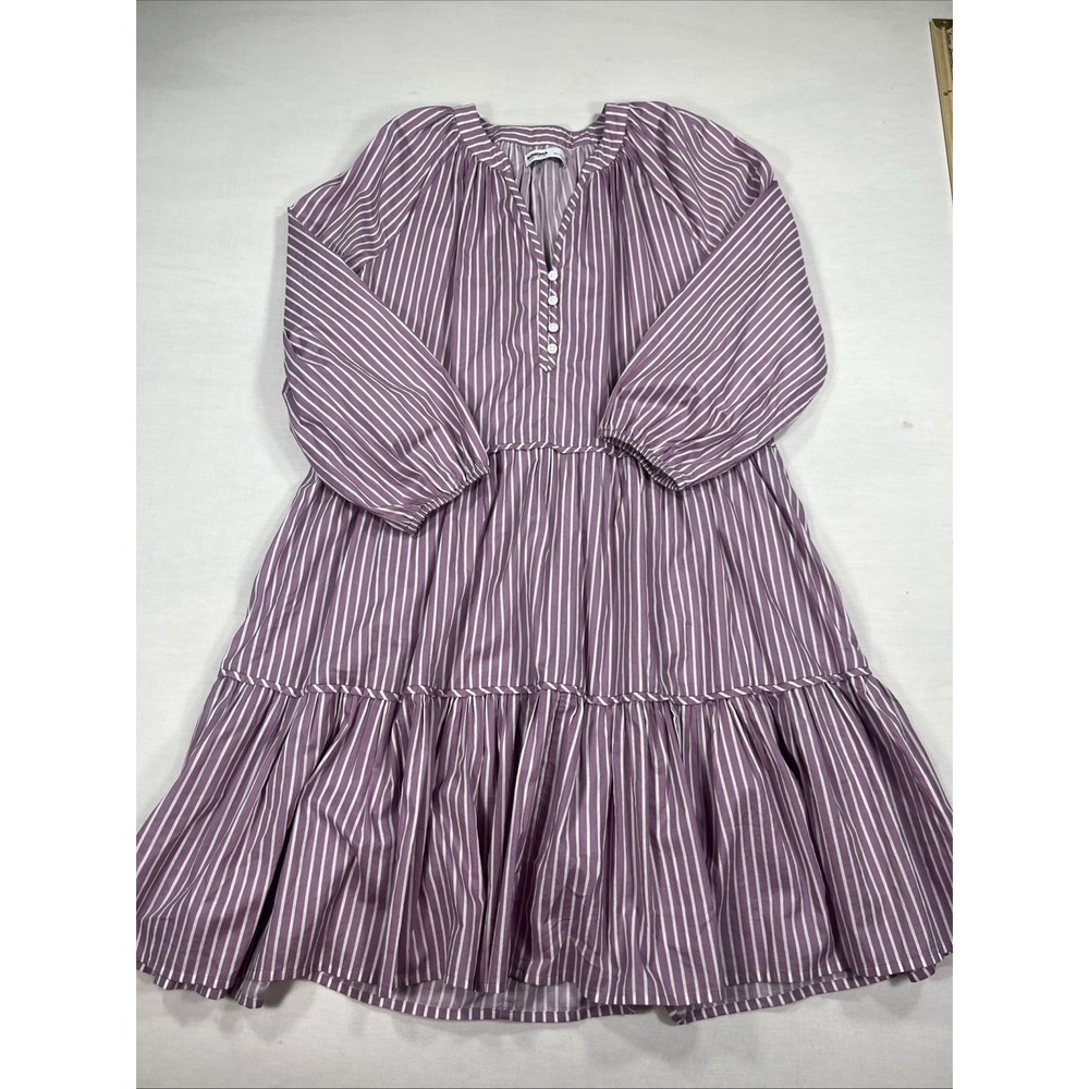 Sonoma Dress S Purple Striped Linen Knee Length V-neck Pleated Boho Cottagecore